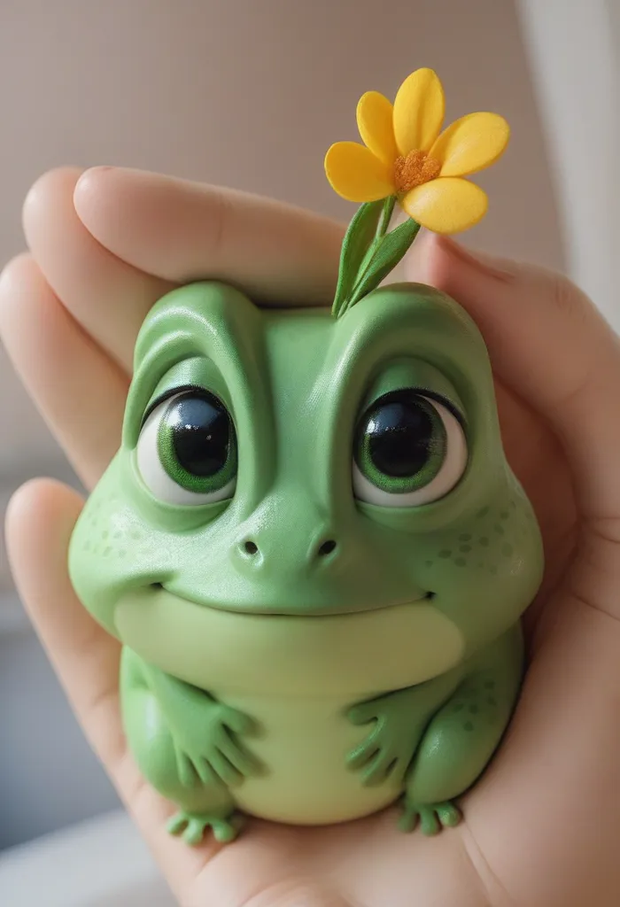 The image is a 3D rendering of a cute frog. The frog is green and has big, round eyes. It is sitting on a person's hand and has a small, yellow flower on its head. The frog is smiling and looks happy. The background is a soft, out of focus color.