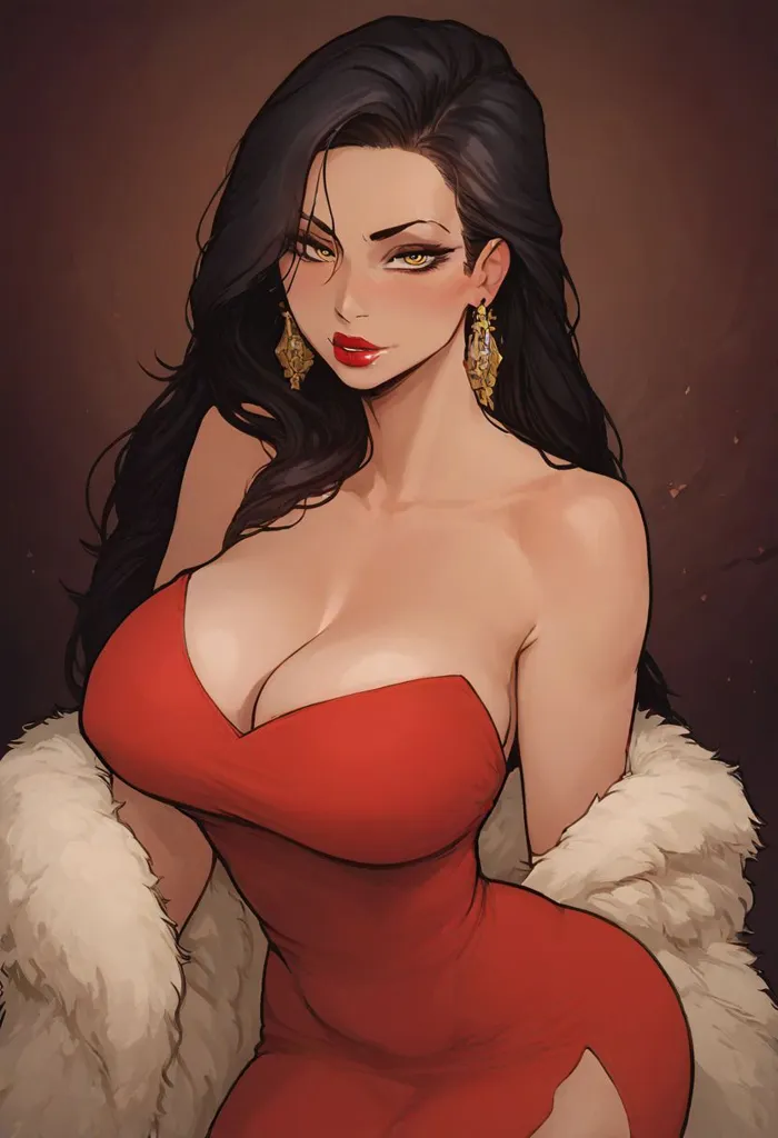 The image is of a beautiful woman with long black hair and dark eyes. She is wearing a red dress with a low neckline and a white fur coat. She is looking at the viewer with a confident expression. She has a voluptuous figure.