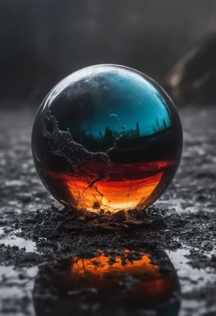 Captured in stunning detail, a molten metallic sphere seems to defy gravity as it rests on a bed of rough, dark soil. Its surface is a mesmerizing blend of blue and orange hues, with intricate patterns resembling a turbulent storm. The sphere's reflection on the wet ground beneath it creates an ethereal, mirrored image, adding to the sense of wonder and mystery surrounding this captivating scene.