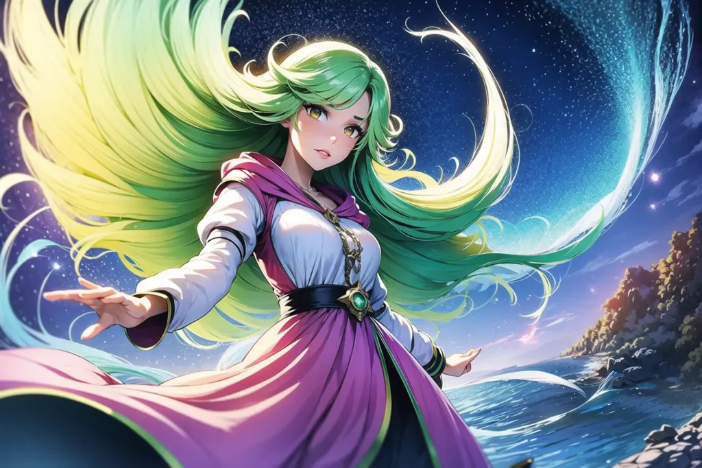 The image is of a green haired anime girl standing on a cliff overlooking the ocean. She is wearing a white and pink dress with a green sash and has her hand outstretched. The background is a starry night sky with a bright moon.