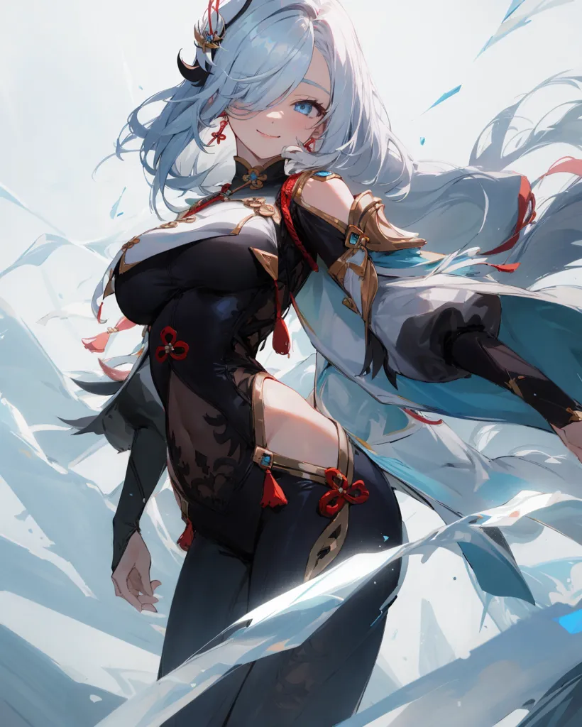 The picture shows a beautiful anime-style girl with long white hair and blue eyes. She is wearing a black and white cheongsam, and there are some red and gold accents on her outfit. The girl is standing in a snowy landscape, and there are some ice crystals floating around