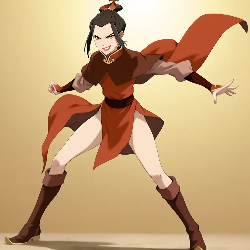 The image is of Azula from the animated television series Avatar: The Last Airbender. She is a young woman with long black hair and yellow eyes. She is wearing a red and orange kimono and is in a fighting stance. She has a confident expression on her face and is surrounded by a yellow glow.