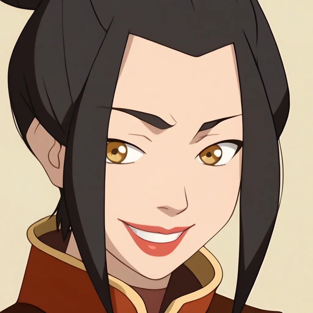 The image is a headshot of Azula from the animated television series Avatar: The Last Airbender. She has a sly expression on her face and is looking at the viewer with one eye raised. She is wearing a red and yellow outfit with a high collar. Her hair is dark brown and is tied up in a bun.