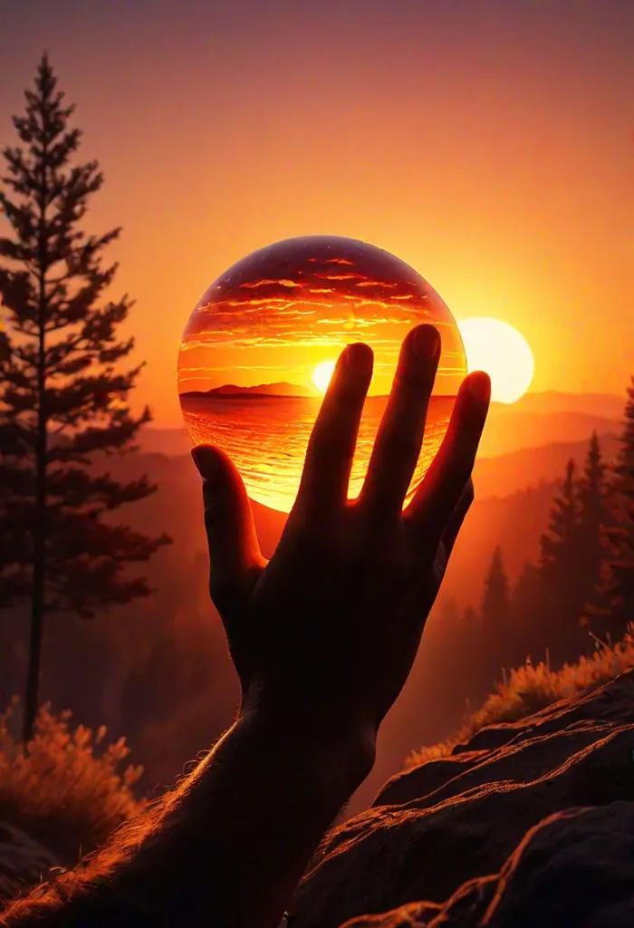 The setting sun casts a golden glow on the landscape. A hand holds a crystal ball in front of the sun, and the ball reflects the sun's rays. The sky is ablaze with color, and the trees are silhouetted against the sky. The scene is one of peace and beauty.