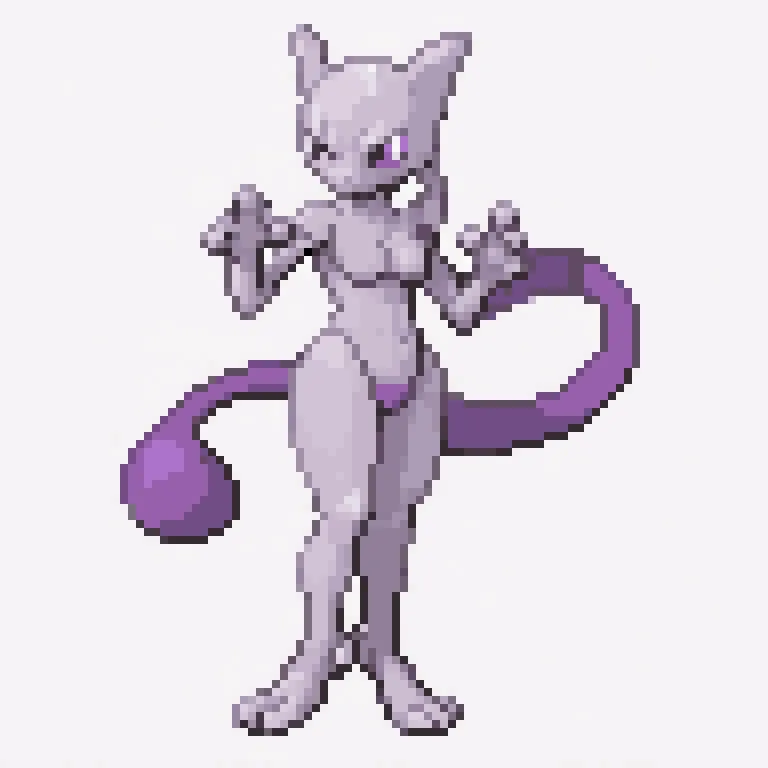 This is a picture of a Pokemon. It is a bipedal, feline-like creature with purple fur and a long, rope-like tail. It has a pair of horns on its head and a pair of sharp claws on each of its hands and feet. Its eyes are yellow and it has a small, triangular nose.