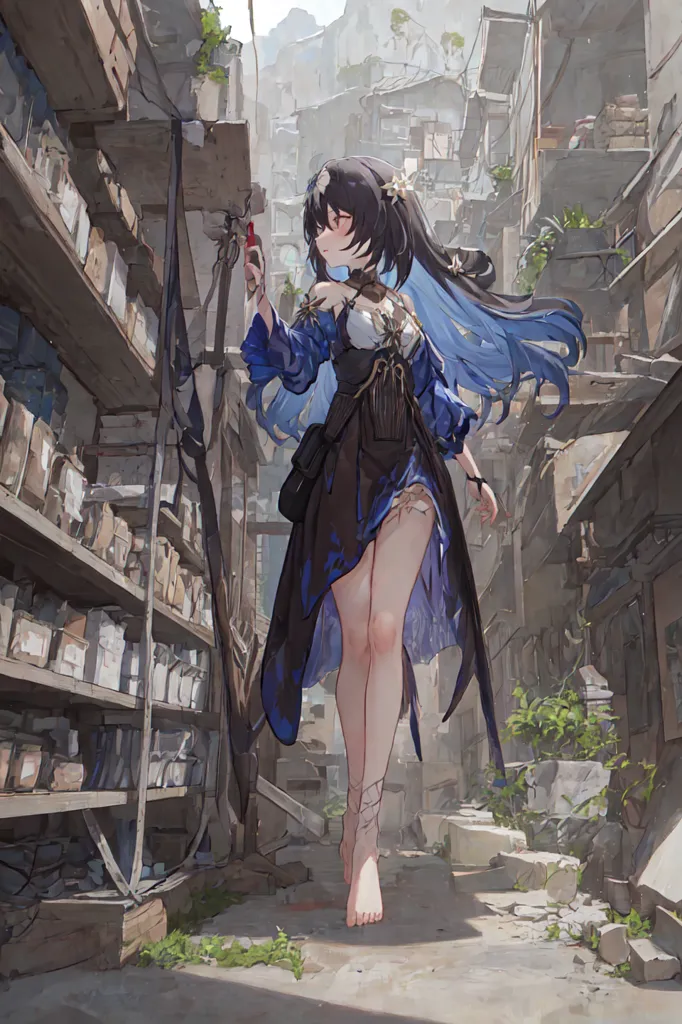 The image is of a young woman with long black hair and blue eyes. She is wearing a tattered blue dress and is barefoot. She is standing in a narrow alleyway between two buildings. The buildings are made of wood and are in disrepair. The ground is covered in rubble and there is a plant growing out of the ground. The woman is holding a red object in her hand. She is looking at the object with a curious expression on her face.