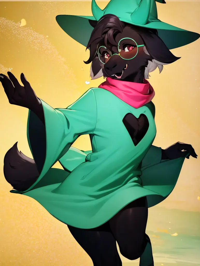 La imagen es de un personaje del juego Deltarune. El personaje es un conejo antropomórfico negro y verde que lleva un sombrero y una bufanda verdes. Tiene el cabello castaño y los ojos rojos, y lleva gafas. Está de pie en un vacío amarillo y está rodeado de pequeños objetos blancos y brillantes. El personaje está sonriendo y tiene los brazos extendidos.