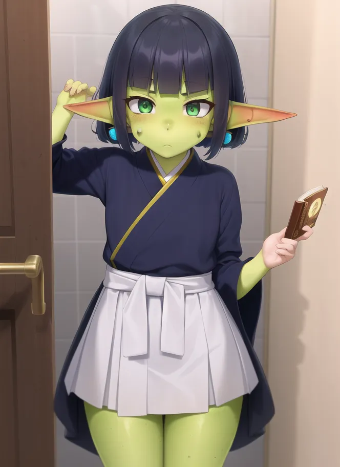 The image depicts a green-skinned goblin girl with short black hair and green eyes. She is wearing a black kimono with a white obi and a white hakama. She is also wearing a pair of blue earrings. She is standing in a doorway, holding a book in her right hand and has a curious expression on her face.