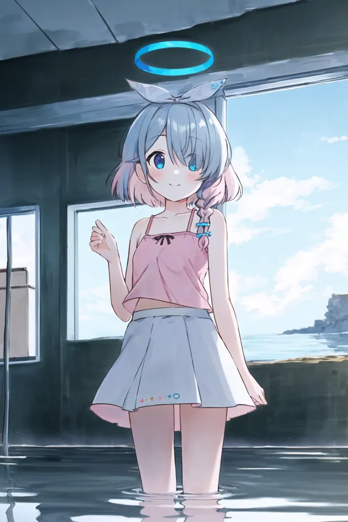 The image depicts an anime-style girl with short blue hair and pink highlights standing in a room with large windows. She is wearing a pink crop top and a white skirt. She has a halo above her head and is standing in water. The room has a tiled floor and there is a view of the ocean outside the windows.