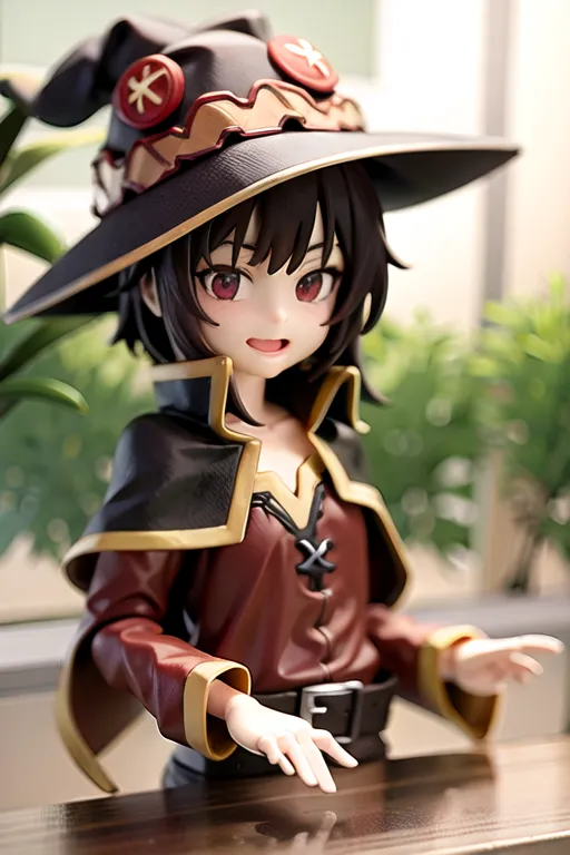 The image shows a figurine of Megumin from the anime series KonoSuba. She is wearing her iconic witch hat and red and brown outfit. She has a smug expression on her face and is pointing with her right hand while the left hand is by her waist. The figurine is sitting on a brown table with a blurred background of green plants.