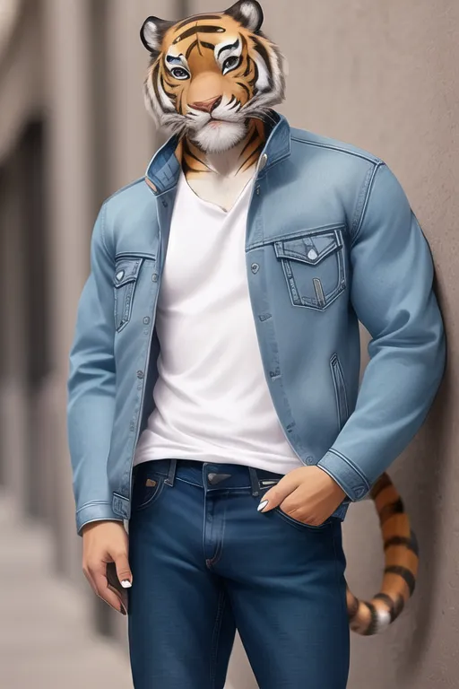 The image shows a man with the head of a tiger. He is wearing a white T-shirt and a blue denim jacket. He has his right hand in his pocket and is looking at the camera with a serious expression. He has a tiger tail sticking out from the back of his pants.