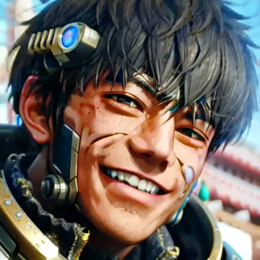 The image is a portrait of a young man. He appears to be of Asian descent, with dark hair and brown eyes. He is wearing a futuristic outfit, with a metal helmet and a cybernetic eye. He has a friendly smile on his face. The background is a blur of a city.