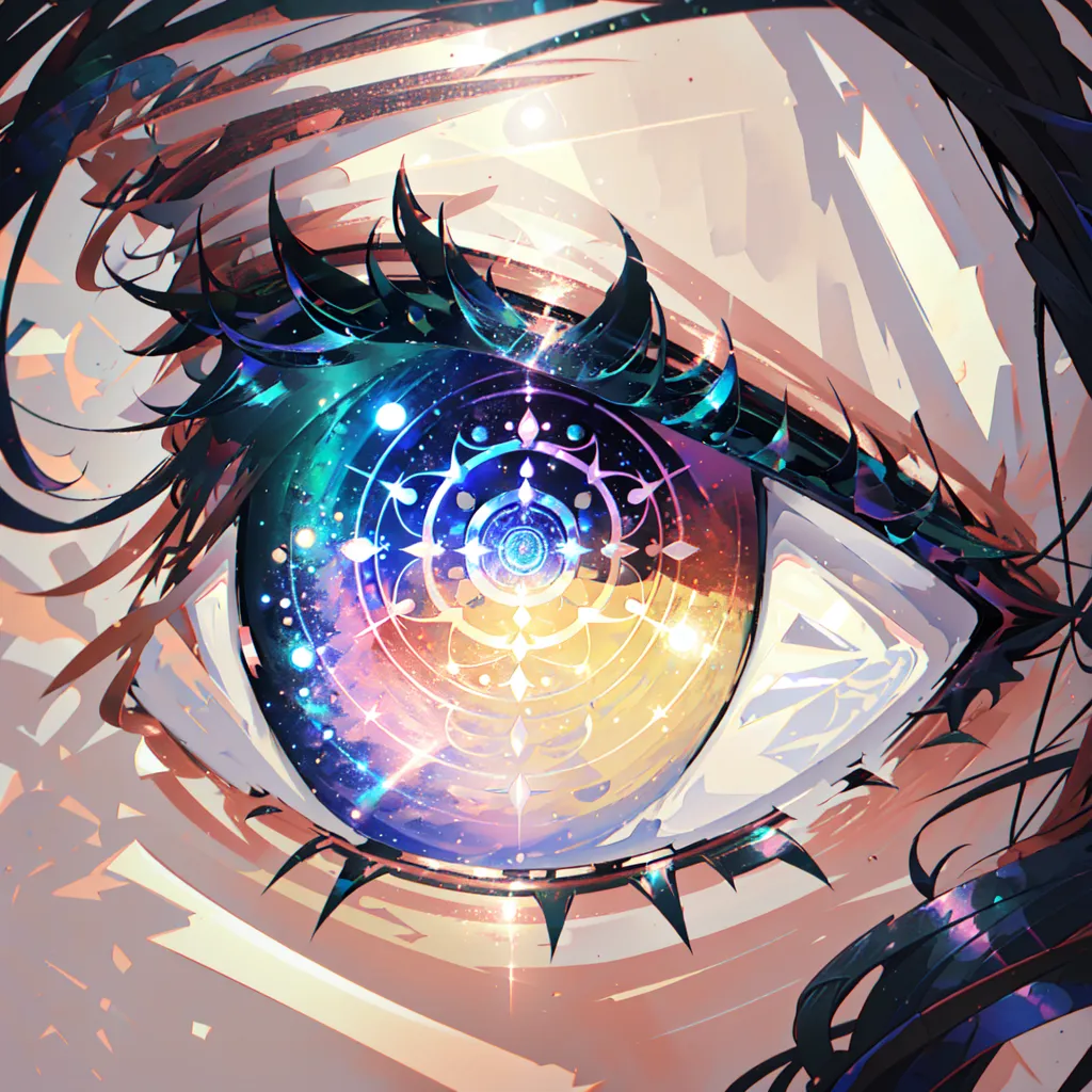 The image is a close-up of a human eye. The eye is open and looking at the viewer. The iris is a deep blue color, and the pupil is black. The eyelashes are long and black. The skin around the eye is a light brown color. There is a beautiful mandala pattern in the eye.