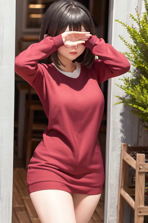 The image depicts a young woman standing in a doorway. She is wearing a red sweater dress that hugs her curves and white t-shirt. The hem of the dress ends mid-thigh, showing off her long, toned legs. The woman's hair is dark brown and cut in a short, choppy style. Her eyes are large and almond-shaped, and her lips are full and pouty. She has a light blush on her cheeks, and her skin is smooth and flawless. The woman is standing with her hands in front of her face, but her fingers are spread apart, allowing us to see her eyes. She is looking at us with a shy expression, and it is clear that she is embarrassed.