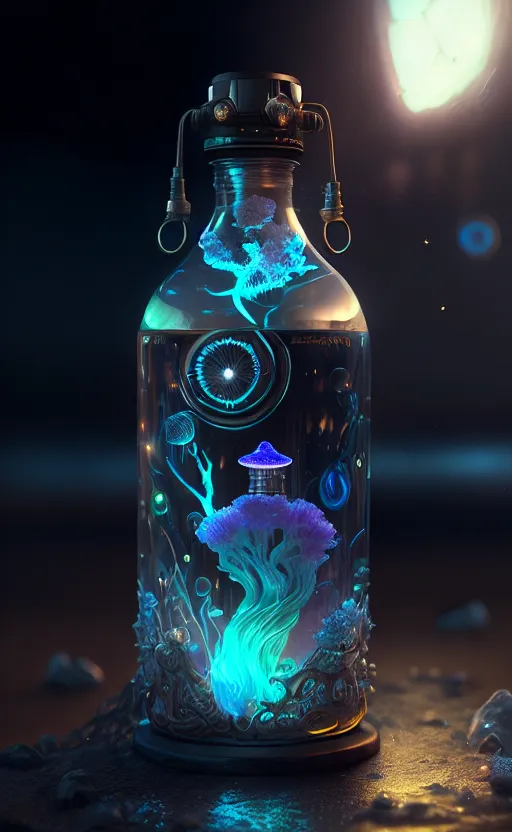 A imagem é uma renderização 3D de uma garrafa de vidro contendo um líquido azul brilhante. Dentro da garrafa, há um recife de coral com vários tipos de peixes brilhantes nadando ao redor. A garrafa é tampada com uma rolha e tem um rótulo que diz \