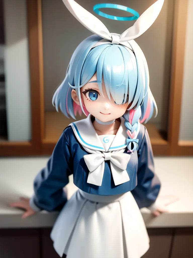 The image shows a young woman with blue hair and pink eyes. She is wearing a blue and white sailor-style outfit with a white bow at the collar. She also has a pair of bunny ears on her head and a halo above her head. She is standing in a kitchen, leaning against a counter.