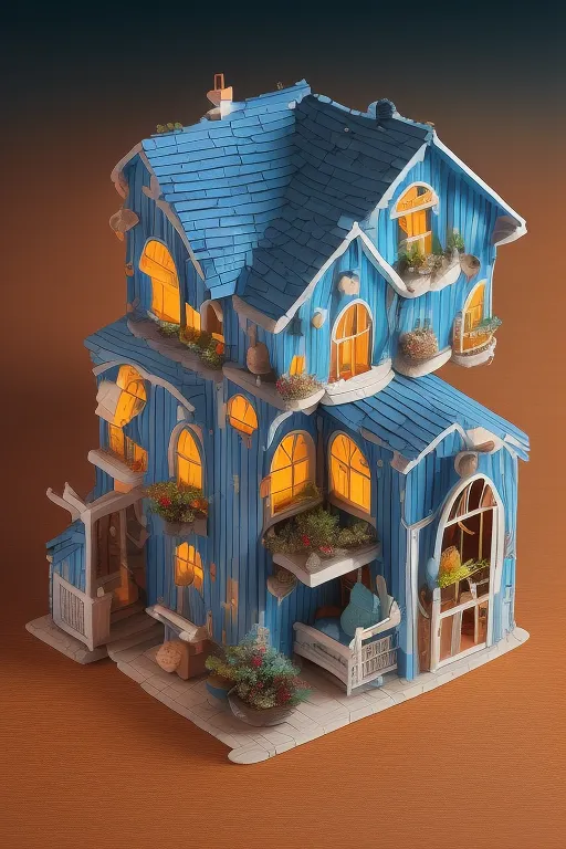 A imagem é uma renderização 3D de uma casa de dois andares com um toque de fantasia, pintada de azul com um telhado azul. A casa tem uma varanda frontal com um banco e um vaso de flores, e há flores crescendo nos peitoris das janelas. A casa é cercada por um jardim com flores e plantas. A imagem é acolhedora e convidativa, e evoca um senso de nostalgia.