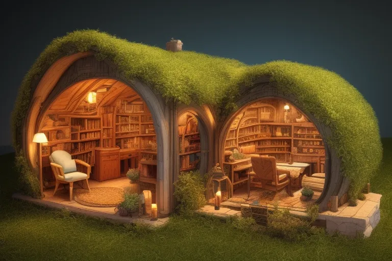 The image is a rendering of a hobbit hole, a type of underground dwelling. The hobbit hole is made of wood and has a rounded door and windows. The roof is covered in grass and flowers. There is a small garden in front of the hobbit hole with a stone path leading up to the door.