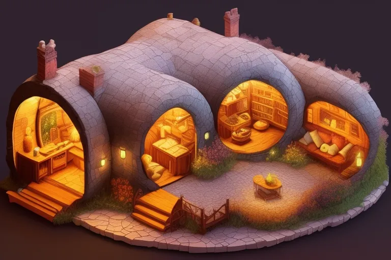 The image shows a cozy hobbit hole. The hobbit hole is made of stone and has a round door. The interior of the hobbit hole is lit by a warm fire. There is a table and a few chairs in the living area. The kitchen is small and has a few pots and pans. The bedroom is also small and has a bed and a dresser. The hobbit hole is surrounded by a garden with flowers and trees.