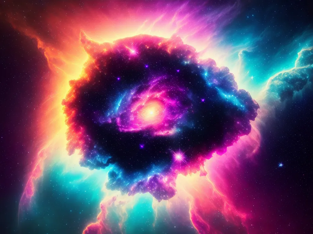 The image is a depiction of a galaxy. It is full of vibrant colors, such as purples, blues, and pinks. The center of the galaxy is a bright white, and there are stars scattered throughout. The galaxy is surrounded by a dark background, which makes it stand out. The image is very detailed, and it gives the viewer a sense of awe and wonder.