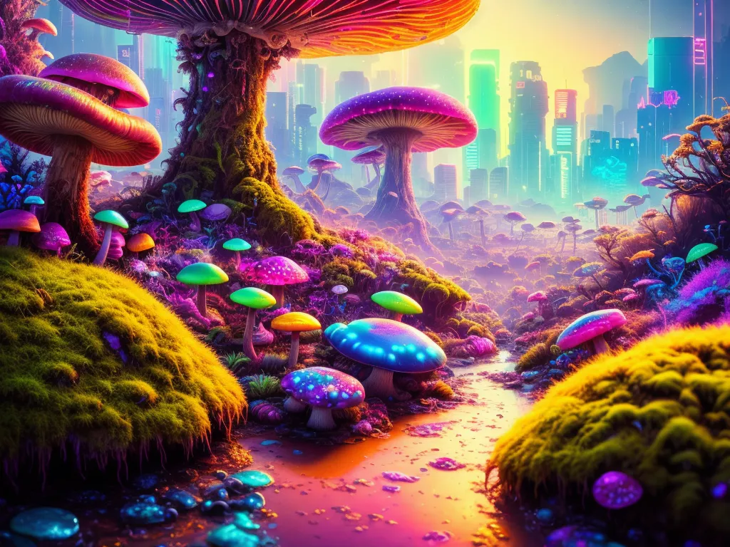 A imagem é uma representação vibrante e colorida de uma floresta repleta de cogumelos gigantes. Os cogumelos têm formas e tamanhos variados, e todos eles são de cores brilhantes. A floresta também está repleta de vegetação verde exuberante, e há um rio correndo pelo meio dela. Ao fundo, há uma grande cidade com arranha-céus e outros edifícios altos. A imagem está cheia de cores brilhantes e vibrantes, e tem uma qualidade onírica.