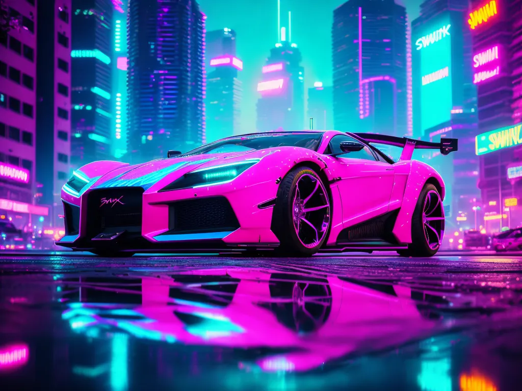 Um carro esportivo futurista rosa está estacionado em uma rua da cidade molhada à noite. O carro está refletindo as luzes da cidade. O fundo da imagem é um cenário urbano desfocado com arranha-céus e luzes de néon.