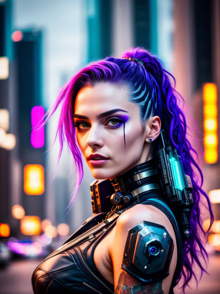 The image is a portrait of a young woman with purple and blue hair. She is wearing a black leather jacket and has a cybernetic device attached to her neck. The background is a blurred cityscape at night.