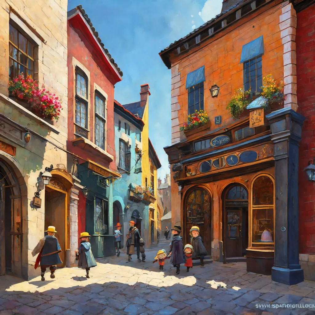 The image is a painting of a street in a European city. The street is narrow and cobbled, and lined with old buildings. The buildings are mostly two or three stories tall, with wooden beams and shutters. There are a few people walking on the street, including a woman and her two children. The woman is wearing a long dress and a headscarf. The children are wearing tunics and hose. The painting is done in a realistic style, and the artist has paid close attention to the details of the architecture and the people.