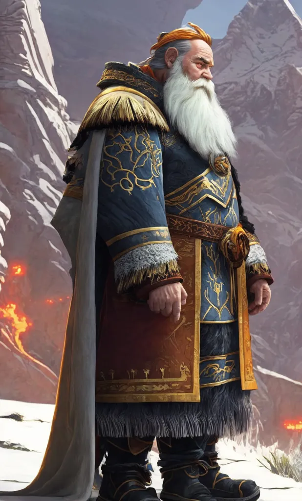 A imagem mostra um rei anão. Ele está em pé em uma paisagem de montanha nevada, vestindo uma túnica azul e dourada com detalhes em pele. Ele tem uma longa barba branca e uma coroa na cabeça. Ele está segurando um cajado em sua mão direita.