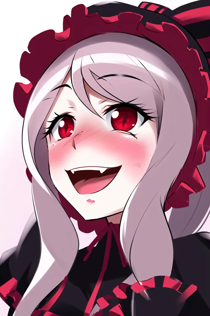 The image is a close-up of a young woman with pale skin, red eyes, and long white hair. She is wearing a black and red maid outfit with a red bow in her hair. She has a wide smile on her face and her eyes are narrowed in a mischievous expression. The background is a light pink color.