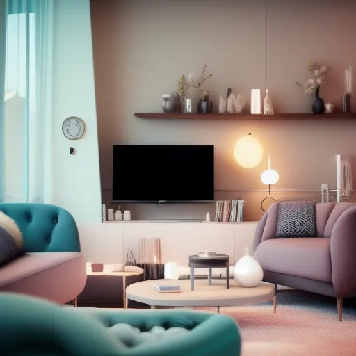This is a living room with a large TV. There is a gray rug on the floor, and two sofas. The sofa on the left is a light blue color, and the sofa on the right is a dusty rose color. There is a white coffee table between the two sofas. There is a gray shelf above the TV, and some books and vases are on the shelf. There is a lamp on the floor next to the sofa on the right. There is a large window on the left side of the room, and there are some plants in front of the window.