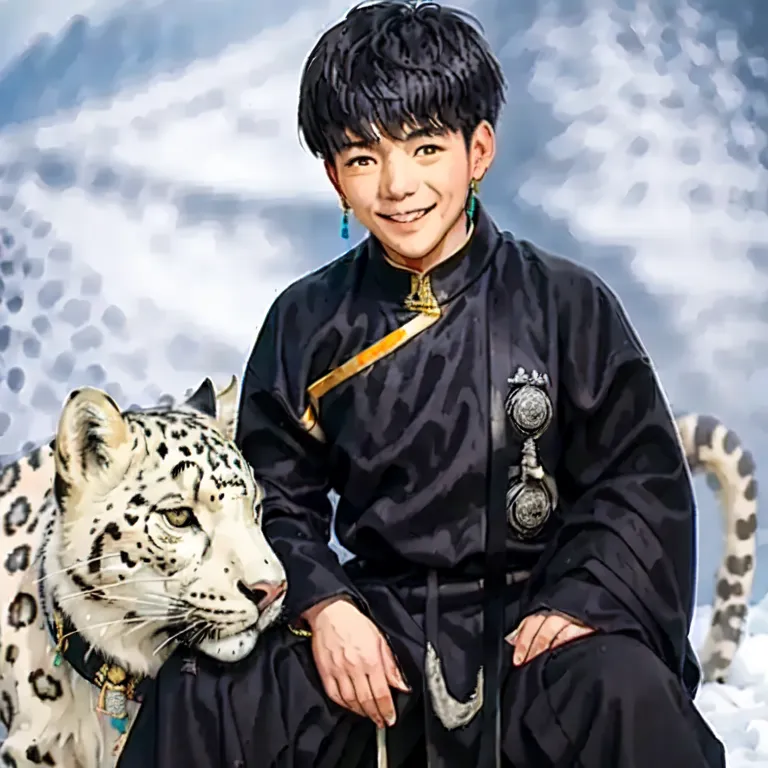 The image shows a young man with short black hair and dark eyes. He is wearing a black traditional Chinese outfit with golden and silver details. He has a white fur coat with black spots on his shoulders. He is sitting on a rock in a snowy landscape. There is a snow leopard sitting next to him. The snow leopard is looking at the young man. The young man is smiling.