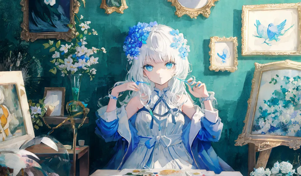 The image is a painting of a young woman standing in front of a green wall. She is wearing a white dress with a blue sash and has long white hair with blue flowers in it. She is holding a paintbrush in her right hand and a palette in her left hand. There are several paintings on the wall behind her, and a vase of flowers on the table in front of her. The overall tone of the image is soft and dreamy.
