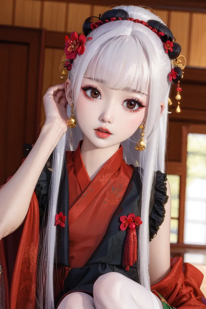 The image shows a beautiful young woman with long white hair and brown eyes. She is wearing a red and black kimono with intricate gold and floral designs. The kimono is tied closed with a red and white obi sash. Her hair is styled in a traditional Japanese style with two buns on top of her head and the rest of her hair flowing down her back. She is also wearing traditional Japanese makeup with red eyeshadow and white powder. The background of the image is a traditional Japanese house with wooden walls and floors.