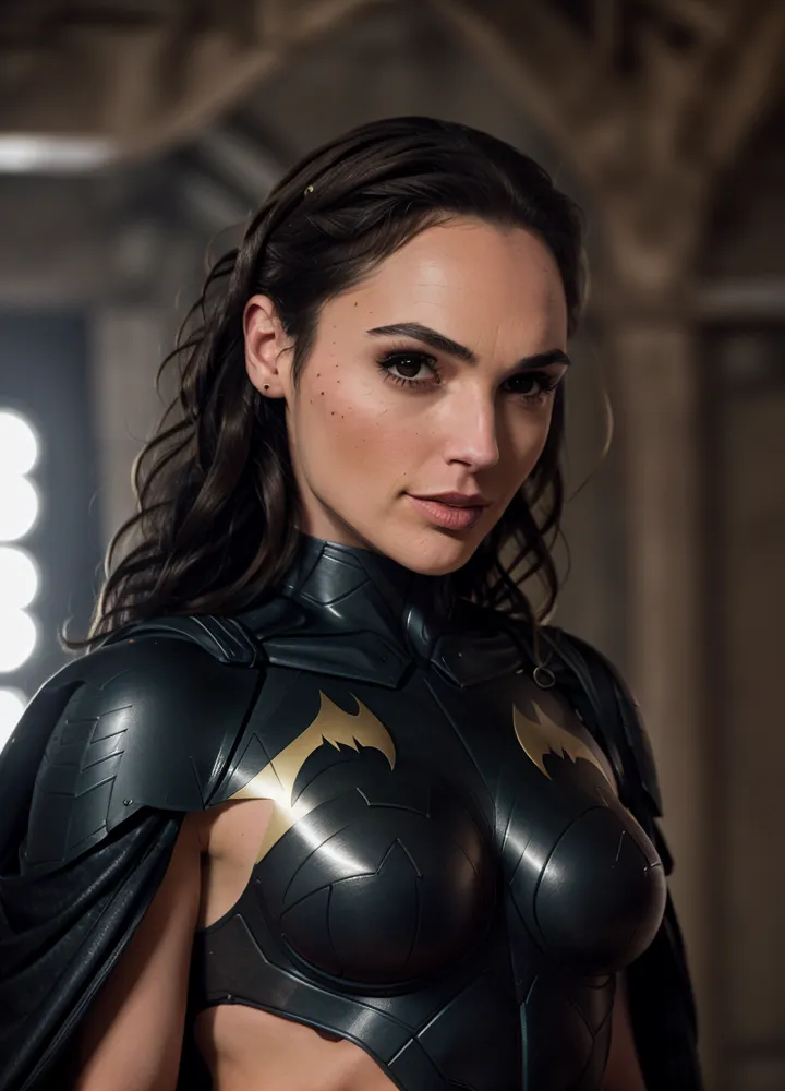 The image shows a young woman with long, dark hair and brown eyes. She is wearing a black and gold Batsuit-like outfit. The suit has a bat symbol on the chest and is made of a shiny material. The woman is standing in a dark room, with only a spotlight on her.