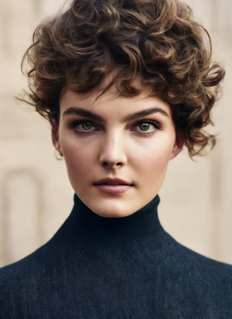 The image is a portrait of a young woman with short brown hair and green eyes. She is wearing a black turtleneck sweater. The background is a blurry light brown color. The woman's hair is styled in a choppy bob with bangs. The cut of her hair draws attention to her arched eyebrows and high cheekbones. The woman's skin is flawless and her eyes are a deep green color. She is wearing a dark brown eyeshadow and her lips are a glossy nude color. The woman is looking at the camera with a serious expression.