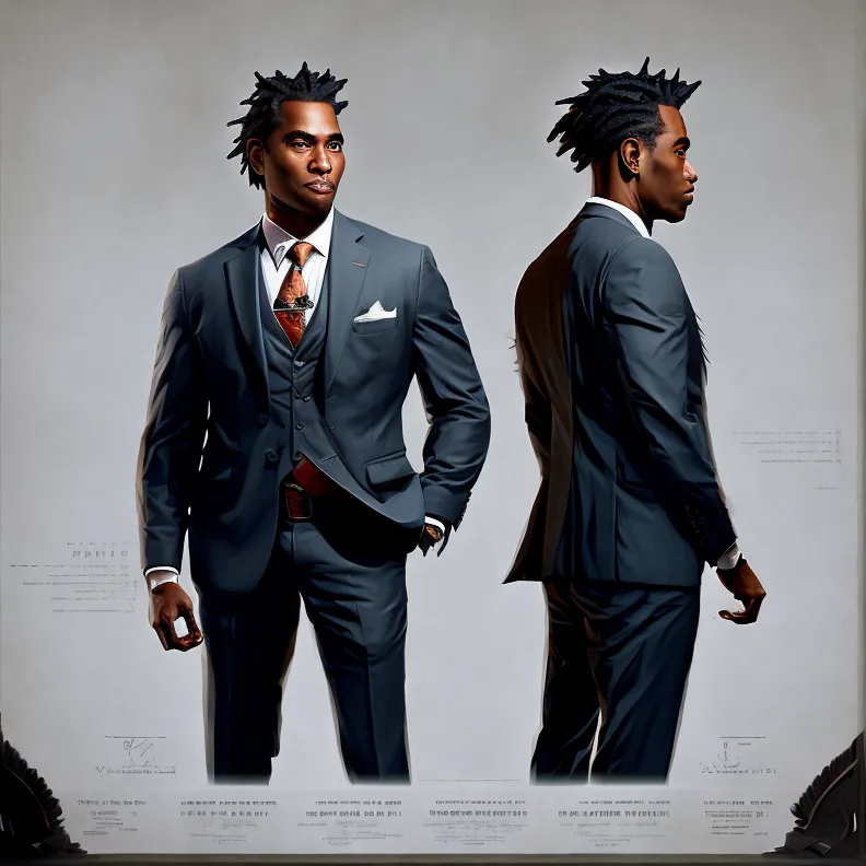 This is a painting of a man wearing a suit. The man is depicted from the front and the back. He is wearing a dark suit with a white shirt and a dark tie. His hair is short and black. He has a serious expression on his face. The background of the painting is white. The painting is done in a realistic style.