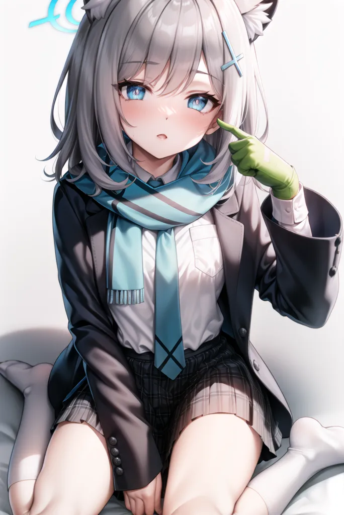 The image is of a young girl with white hair and blue eyes. She is wearing a school uniform consisting of a gray blazer, white shirt, and blue tie. She also has a pair of cat ears on her head and a green glove on her right hand. She is sitting on a bed with her legs crossed and her hands in her lap. She has a slightly embarrassed expression on her face and is looking at the viewer with her finger near her lips.
