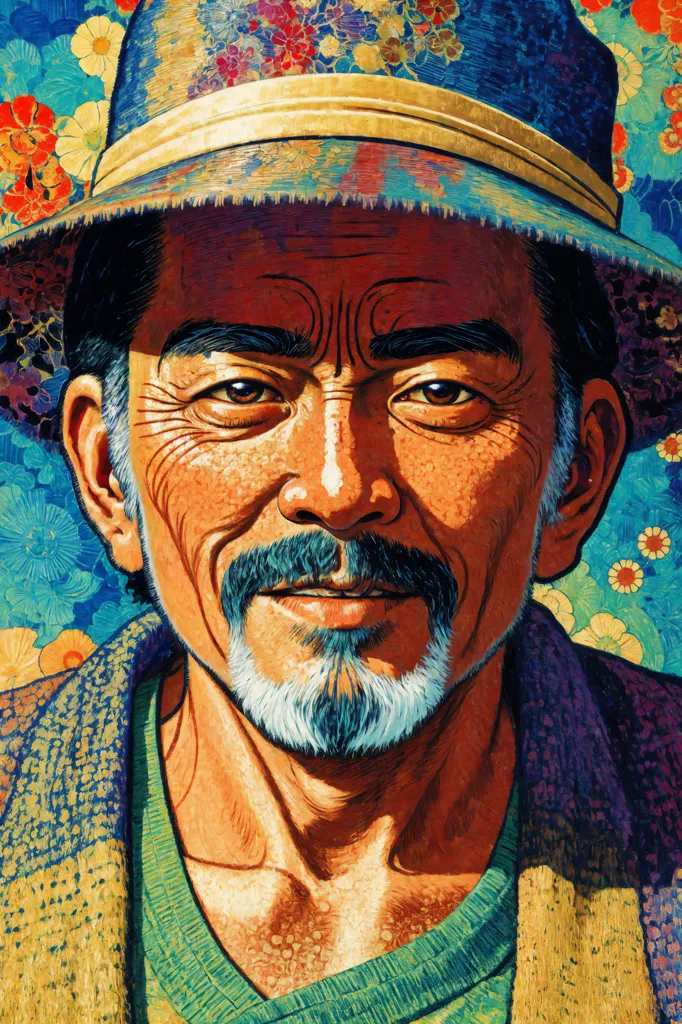The image is a portrait of an older man with a weathered face. He is wearing a traditional Japanese hat and a blue shirt. The background is a colorful pattern of flowers and leaves. The man's eyes are dark and his expression is serene. He has a long white beard and a mustache. His skin is wrinkled and he has a few age spots. The painting is done in a realistic style and the colors are vibrant and lifelike.