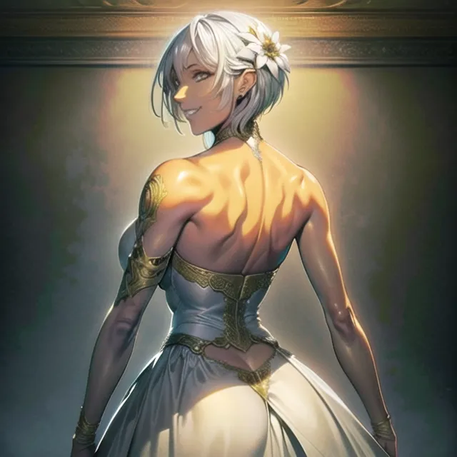The image is of a muscular woman with short white hair and a white flower in her hair. She is wearing a white dress with a low back and a gold belt. She has a confident smile on her face and is looking over her shoulder at the viewer. She is standing in a dimly lit room with a light source coming from the right.