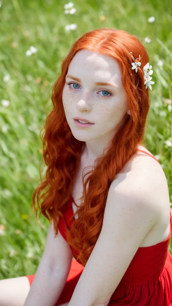 The image shows a young woman with long, wavy red hair and green eyes. She is wearing a red dress and has a few small white flowers in her hair. She is sitting in a field of green grass and white flowers, and she has a soft smile on her face. The background of the image is blurry, but it looks like there are trees and more flowers in the distance. The image is warm and inviting, and it captures the beauty of a summer day.