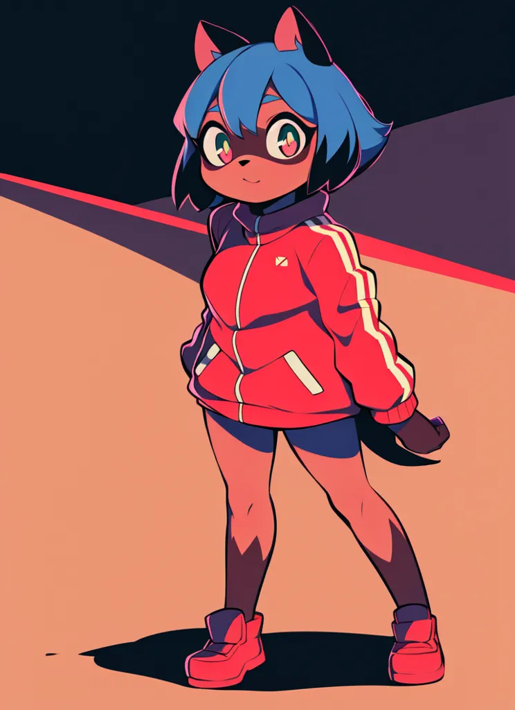 La imagen es de una niña joven con el cabello azul y orejas de gato. Lleva un chándal rojo y blanco y zapatillas rojas. Tiene una expresión confiada en su rostro y está de pie con las manos en las caderas. El fondo es un simple degradado de naranja y amarillo, con algunas líneas blancas que indican un horizonte urbano. La imagen está dibujada en un estilo semi-realista, con líneas limpias y colores vibrantes.