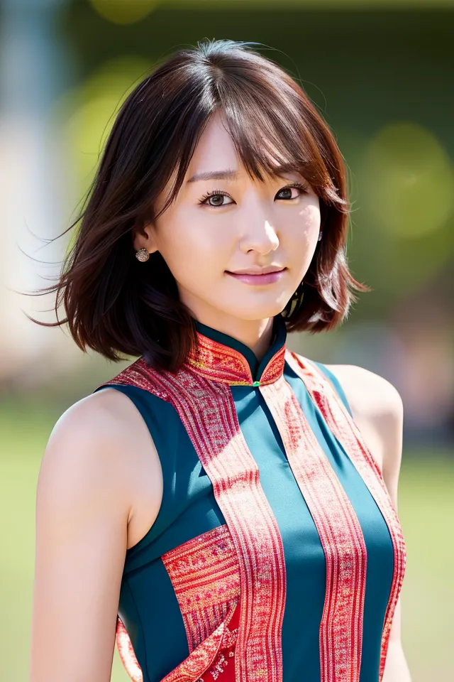 The image shows a young woman with short dark brown hair and bangs. She is wearing a blue sleeveless cheongsam with red and gold accents. The cheongsam has a high collar and a fitted bodice. The woman is smiling and looking at the camera. She is wearing light makeup and her hair is styled in a way that is popular in East Asia. The background is blurred and green, suggesting that she is standing in a park or other outdoor setting.