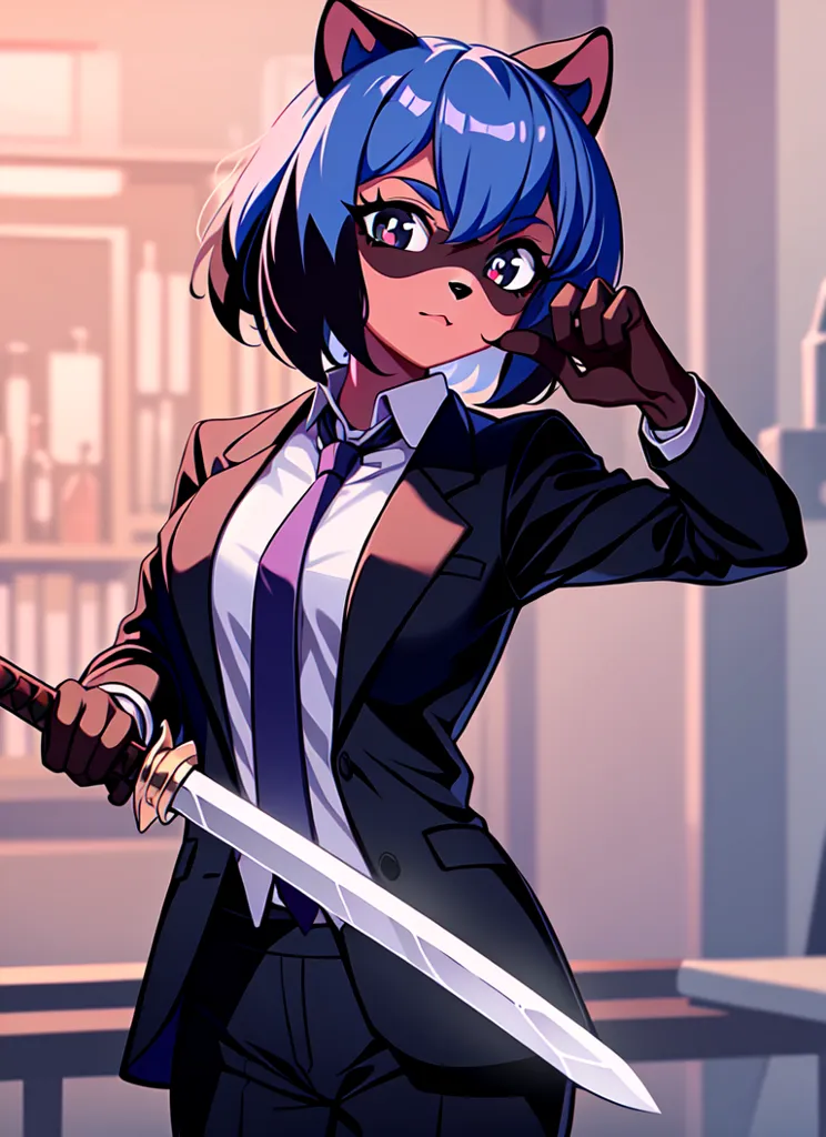 The image is of a young woman with blue hair and cat ears. She is wearing a black suit and a purple necktie. She is holding a sword in her right hand. She has a confident expression on her face.