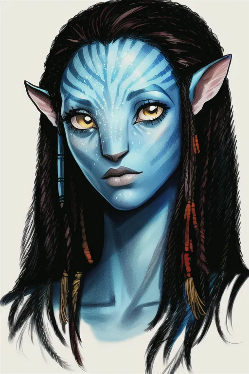 This is a digital painting of a Na'vi woman from the movie Avatar. She has blue skin, large yellow eyes, and long black hair that is braided and wrapped around her head. She is wearing a simple blue dress with a white undershirt. The background is a light blue color. The painting is done in a realistic style and the artist has captured the Na'vi woman's beauty and strength.