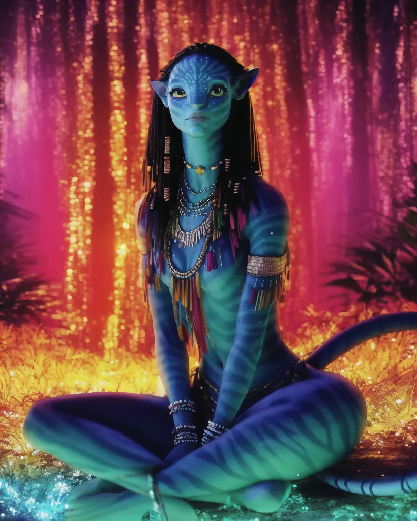 The image shows a female Na'vi, a fictional humanoid species from the movie Avatar. She is sitting on a rock in a lush forest. The Na'vi are a blue-skinned, tall, and slender species with long, pointed ears and large, almond-shaped eyes. They have a strong connection to nature and live in harmony with the environment. The female Na'vi in the image is wearing a traditional loincloth and has her hair braided. She is also wearing several pieces of jewelry, including a necklace, bracelets, and anklets. She has a serene expression on her face and appears to be enjoying the beauty of the forest.
