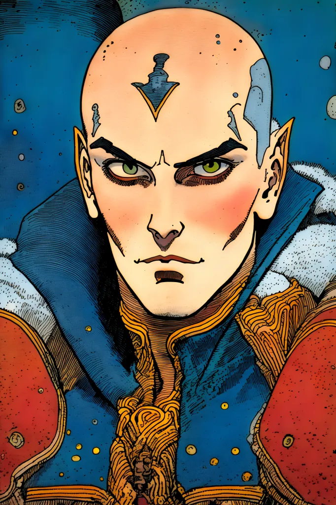 The image is a portrait of a male elf. He has light blue skin, green eyes, and a bald head with a diamond-shaped marking on his forehead. He is wearing a blue and gold tunic with a red and gold cape. He has a serious expression on his face. The background is dark blue with a pattern of small, light blue circles.