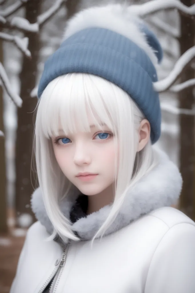 L'image montre une jeune fille aux cheveux blancs et aux yeux bleus. Elle porte un bonnet bleu et un manteau d'hiver blanc avec un col en fourrure. La fille se tient dans une forêt enneigée et semble avoir froid et être perdue. L'image est très détaillée et l'expression de la fille est très réaliste.