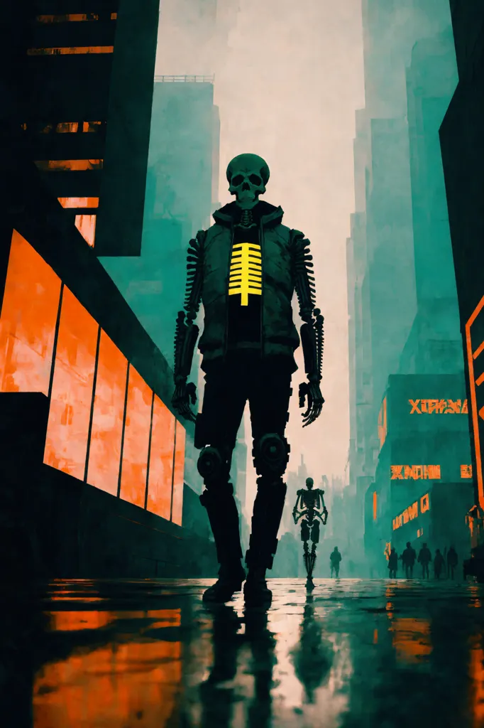 The image is a dark and rainy street scene. The street is lined with tall buildings and the rain is reflecting the lights of the city. There is a figure in the foreground of the image. The figure is a skeleton wearing a black jacket and jeans. The skeleton is walking towards the viewer and it has a glowing yellow heart. There are people walking in the background of the image. The people are all wearing raincoats and they are all carrying umbrellas. The image is full of mystery and intrigue. It is unclear what the skeleton is doing or where it is going. The image is also full of symbolism. The skeleton could represent death or mortality. The rain could represent tears or sadness. The yellow heart could represent love or hope. The image is open to interpretation and it is up to the viewer to decide what it means.
