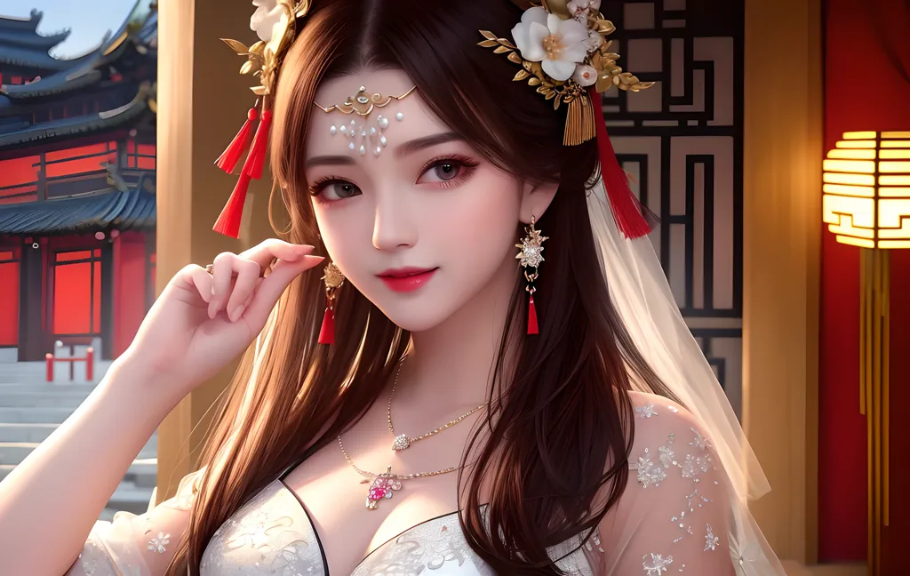 The image shows a beautiful young woman with long brown hair and brown eyes. She is wearing a traditional Chinese wedding dress with a white and red veil. The dress is embroidered with intricate patterns and has a long train. The woman is also wearing a number of traditional Chinese jewelry pieces, including a necklace, earrings, and a bracelet. Her hair is styled in an elaborate updo and she is wearing a red flower in her hair. The woman is standing in a traditional Chinese courtyard, with a red lantern and a screen in the background.